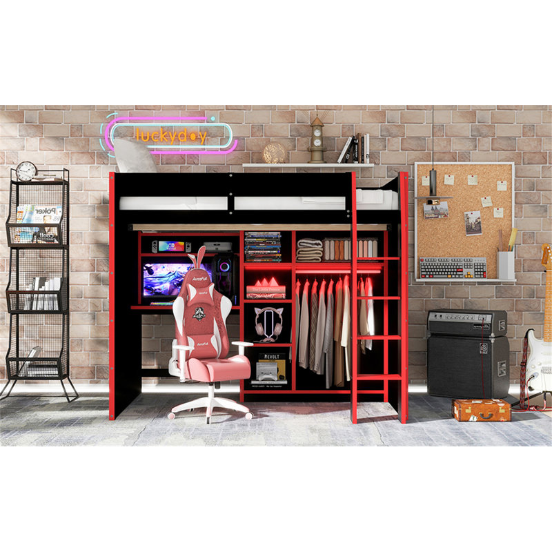 Lit mezzanine en bois avec bureau, Rouge