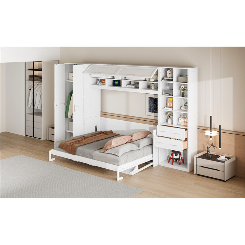 Grand lit escamotable mural avec placard, tiroirs et tablettes, blanc
