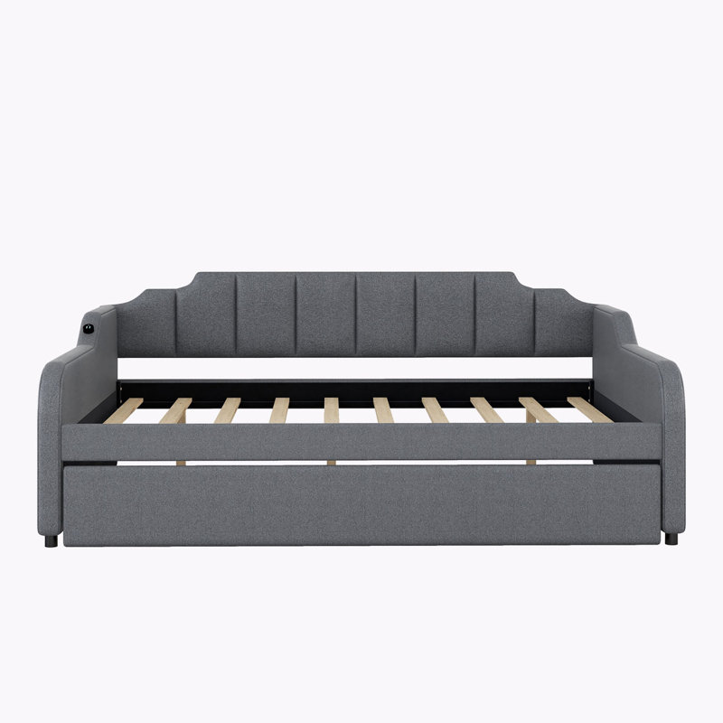 Upholstery Daybed With Trundle And USB Charging Design,Trundle Can Be Flat Or Erected, Full / Double, Gray 1
