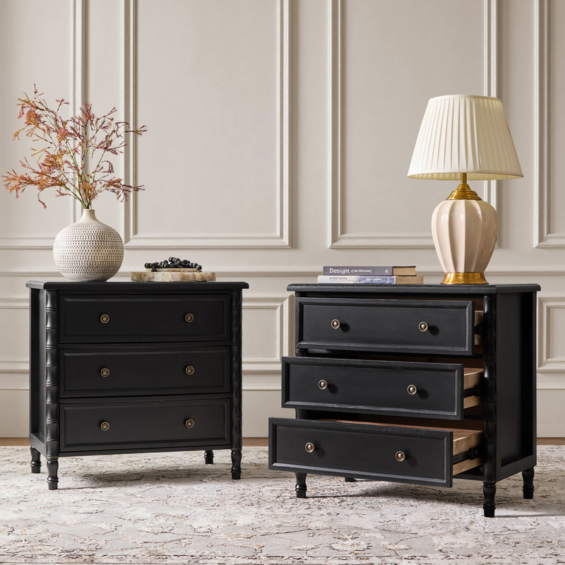 Lucious 3-Drawer Transitional 28''W Curved End Table with Charging Station and Easy Assembly , Black