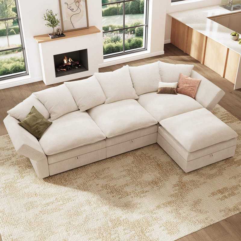 Canapé modulaire en L avec rangement en L, Velours côtelé beige