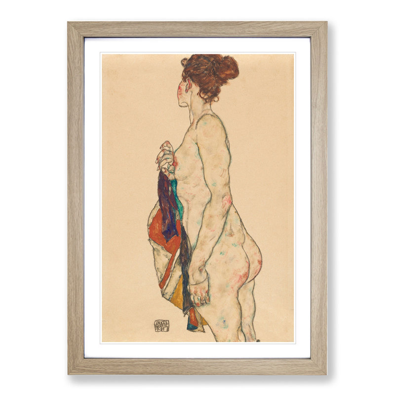 Nude Female Vol.1 by Egon Schiele - Picture Frame Painting on MDF, Oak Framed, 48cm H x 36cm W x 2cm D