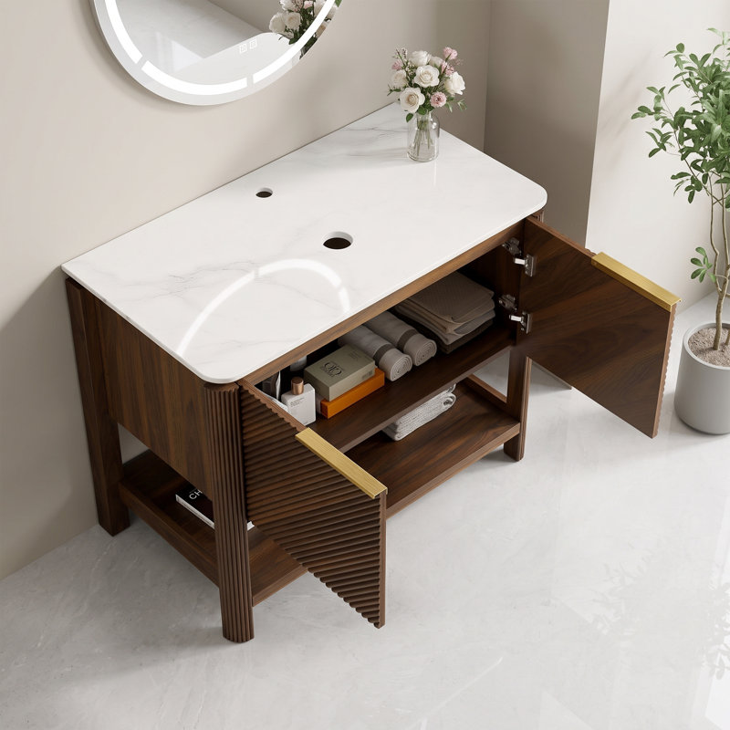 Meuble-lavabo moderne sur pied de 91 cm (36 po), cannelure apparente, comptoir en pierre frittée, brun, lavabo non inclus.