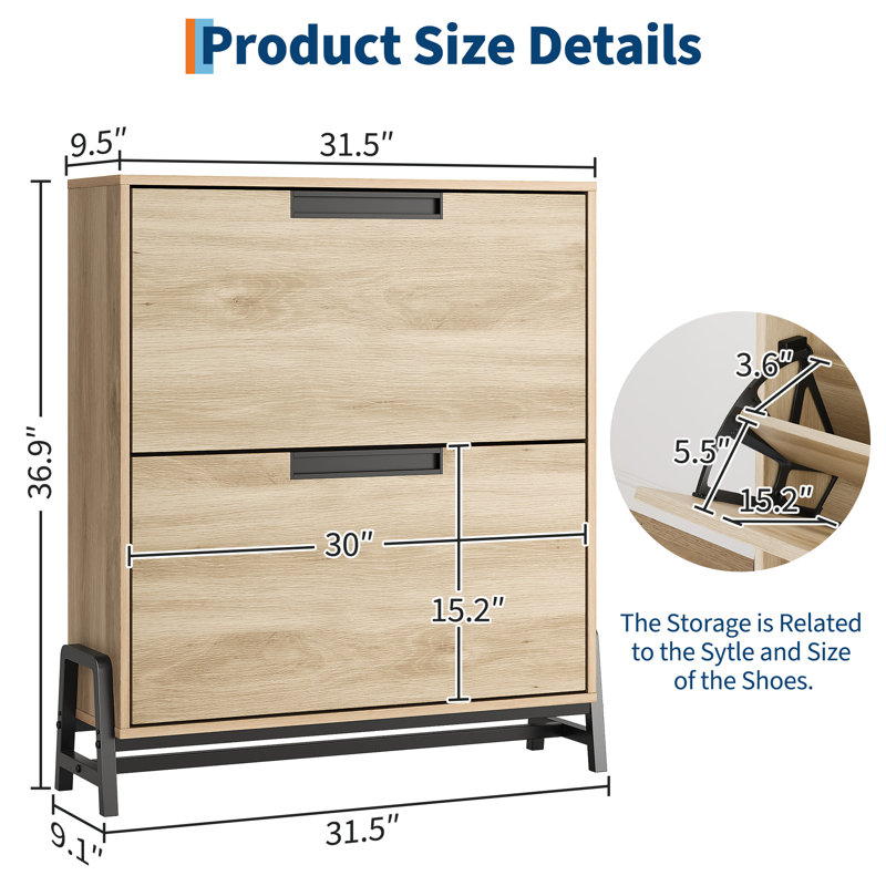 Slim Shoe Storage Cabinet with 2 Turn Drawers – Adjustable Shelf – Metal Legs – Freestanding Hallway Organizer – Pure Wood Color
