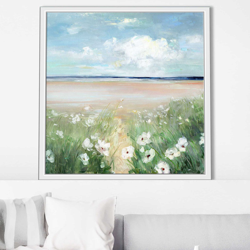 «Ocean Wildflowers» par Sally Swatland - Peinture, Cadre flottant blanc, H 21,5 po x l 21,5 po x P 2 po