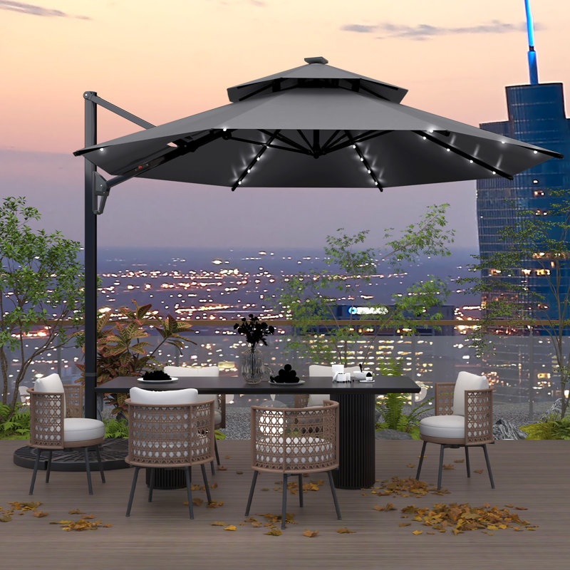 Parasol en porte-à-faux 10 pi avec lumières, tissu teint dans la masse - blanc, Gris