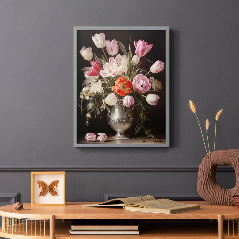 Série FLORAL DCCXCVII - Impression encadrée de qualité supérieure - Prêt à être accroché - Aucun clou requis, Gris