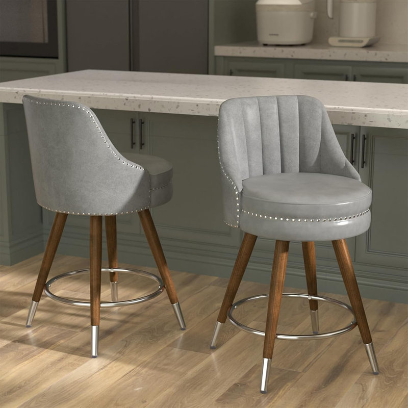 Markelian Counter Height Bar Stools with Backs, 24" Swivel Bar Stools with Wood Legs for Kitchen, Gray/Silver, 2