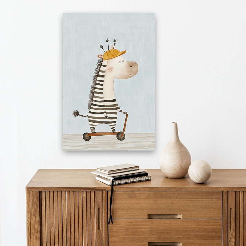 Cute Zebra On Scooter Playful Whimsical Contemporary Zebra Horse Wall Art Print 1 Piece Wrapped Canvas Wall Art