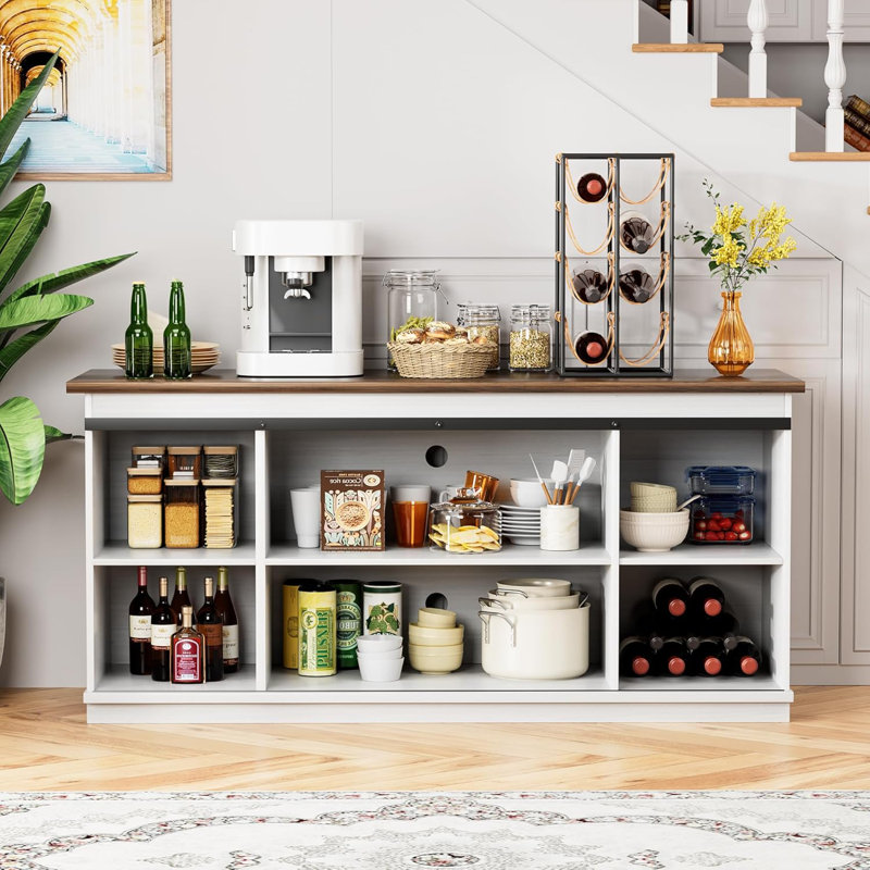 Buffet Farmhouse, rangement pour bar à café avec portes de grange coulissantes, tablette pour la maison, blanc