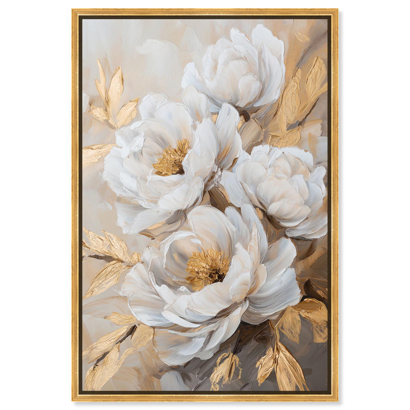 Art Remedy, art floral élégant sur toile, Blooming in the Golden Mist, H 31 po x l 21 po, Cadre flottant doré
