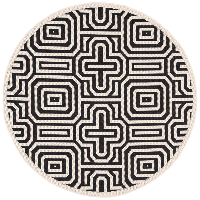 Tapis intérieur / extérieur sable / noir Arneshia, Rond 6 pi 7 po