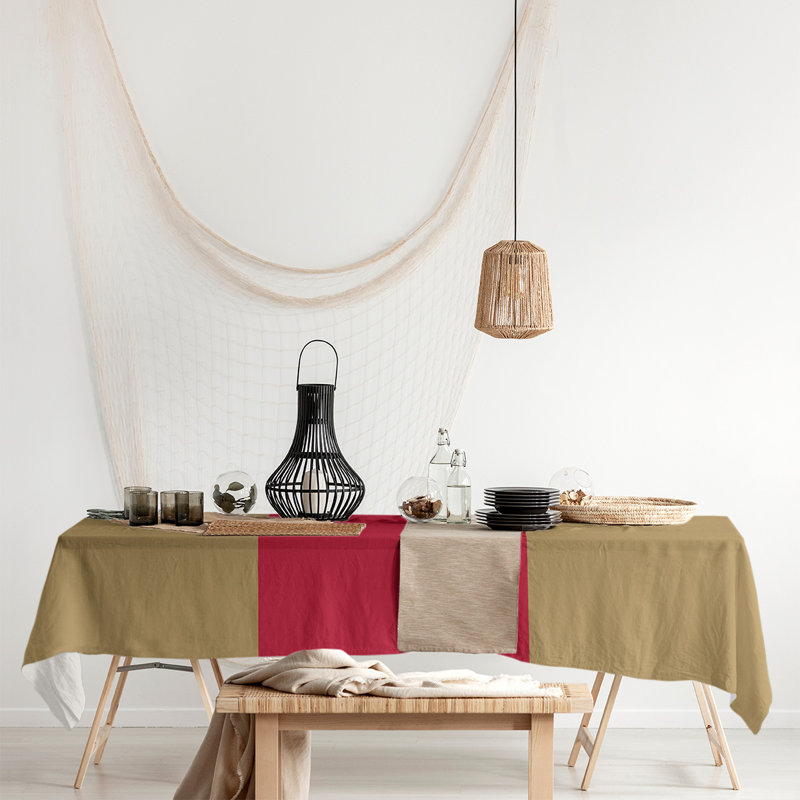 Chemin de table Florida, Doré mat / rouge / doré mat, Mélange de coton, 102 po x 58 po