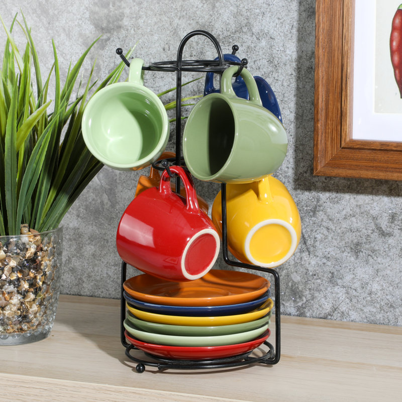 Ensemble de grandes tasses en grès 13 pièces Gibson Home Color Café avec support en métal et soucoupe