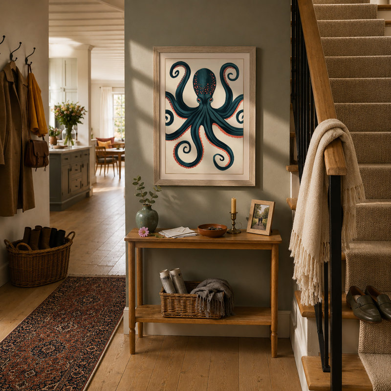 Geometric Octopus Coastal - Framed Print, A2 - 59.4 x 42.0 cm, Oak