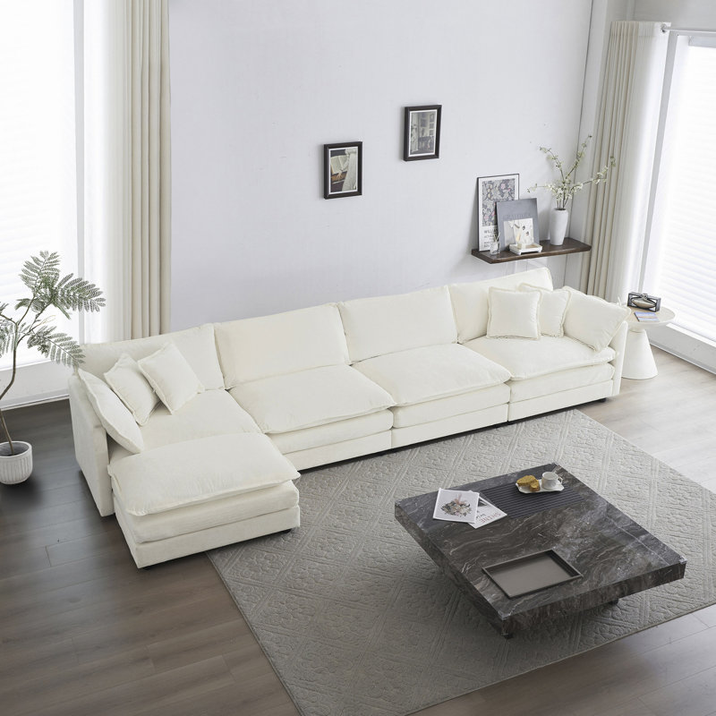 Anvi L-Shape Chenille Fabric Upholstered 5-Piece Sectional Sofa, White Chenille, 33" H x 146.5" W x 57.4" D