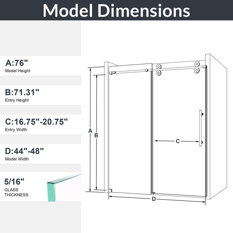 Porte de douche coulissante simple sans cadre l 44 à 48 po x H 76 po - Verre trempé transparent de 5/16 po (8 mm)