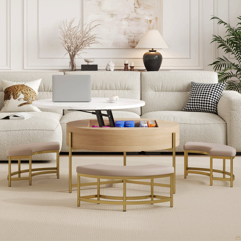 Table basse ronde à plateau relevable avec rangement et 3 repose-pieds, Doré / chêne