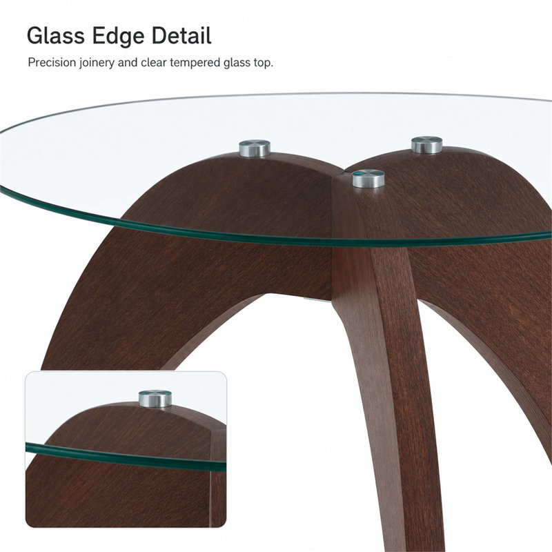 Table basse ronde de 27,6 po avec pieds en trépied - plateau en verre trempé transparent et panneau de fibres à densité moyenne à finition noyer; table basse de salon créative et décontractée