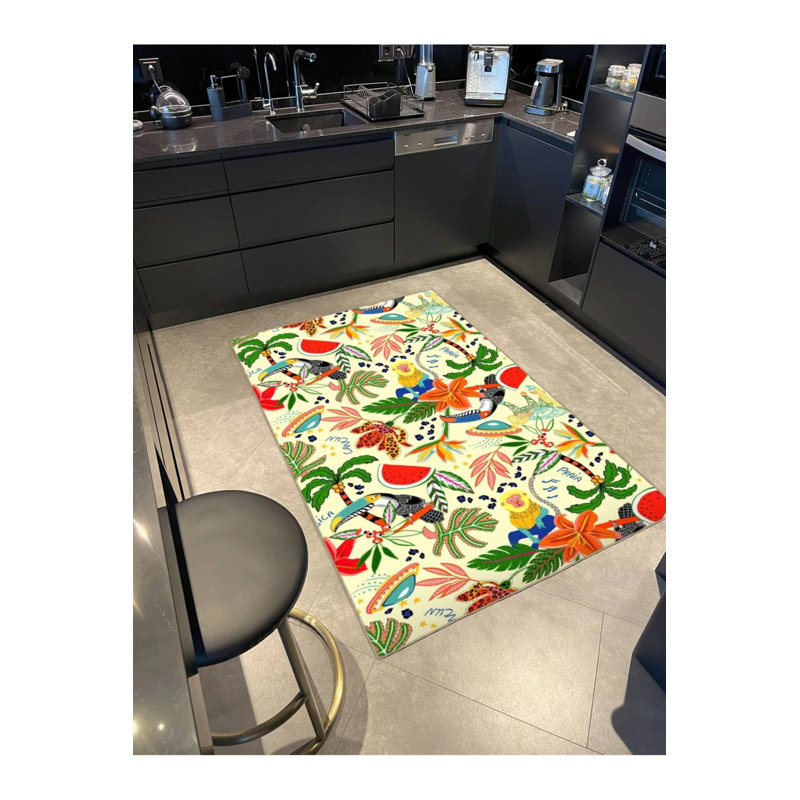 Multicolored Toucan Bird Monkey And Tree Fruit Patterned Modern Decorative Carpet 3545, Round 4'