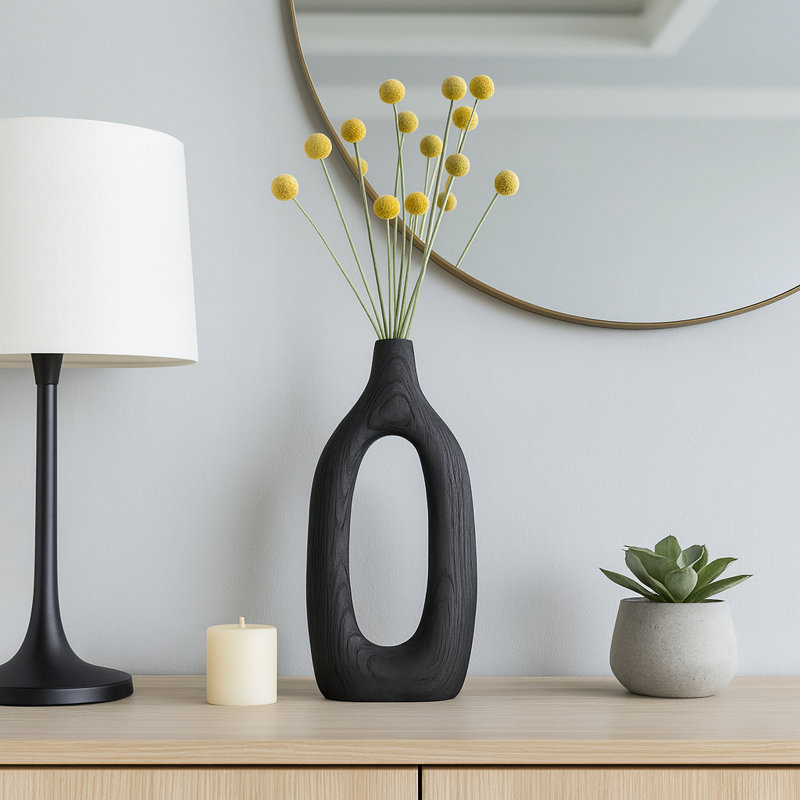 Modern Wood Cut-Out Table Vase for Home Decor - Tall Flower Vase for Shelves, Office Desks, and Kitchen Counter Accent - 14", Black