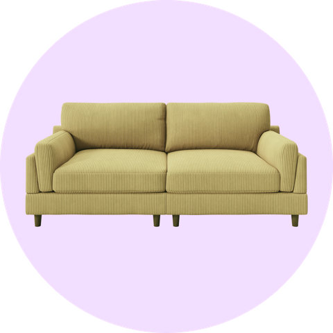 Light yellow corduroy two-seater sofa on a light purple circular background.