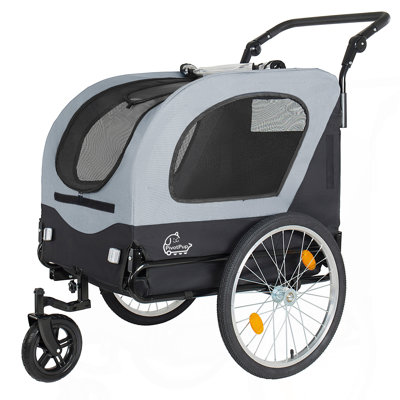 Remorque 2 en 1 et poussette pour animaux de compagnie pour chiens pesant jusqu'à 110 lb - Chariot de transport pour animaux pliable avec roulettes avant et roues à remplissage rapide à air de 20 po, filet respirant et housse de pluie en PVC, gris