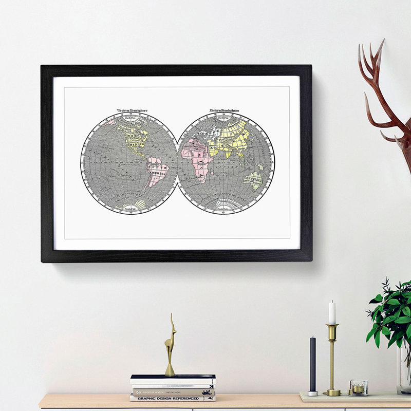 World Map Illustration - Framed Print, 27cm H x 36cm W x 2cm D, Black Framed