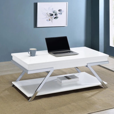 Table basse rectangulaire à plateau relevable avec tablette ouverte
