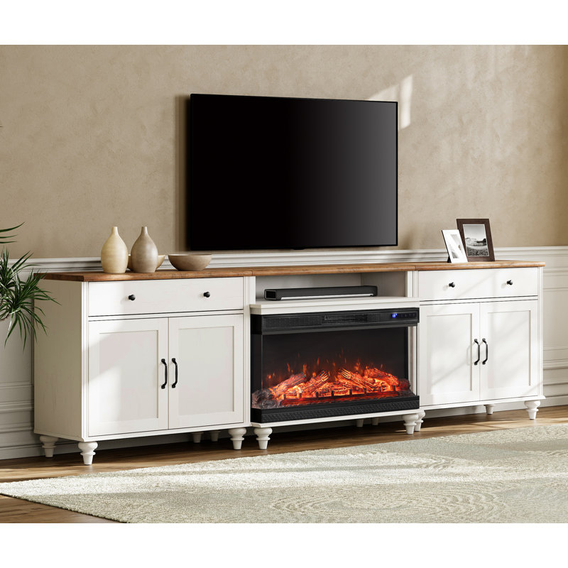 Corretta Farmhouse TV Stand With 36" Electric Fireplace For Tvs Up To 100'', Home Entertainment Center With 8 Storages For 75/80/85/90 Inch TV