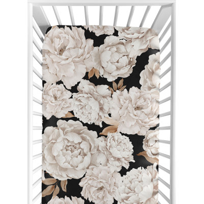Peony Floral Garden Black and Ivory Fitted Crib Sheet by Sweet Jojo Designs