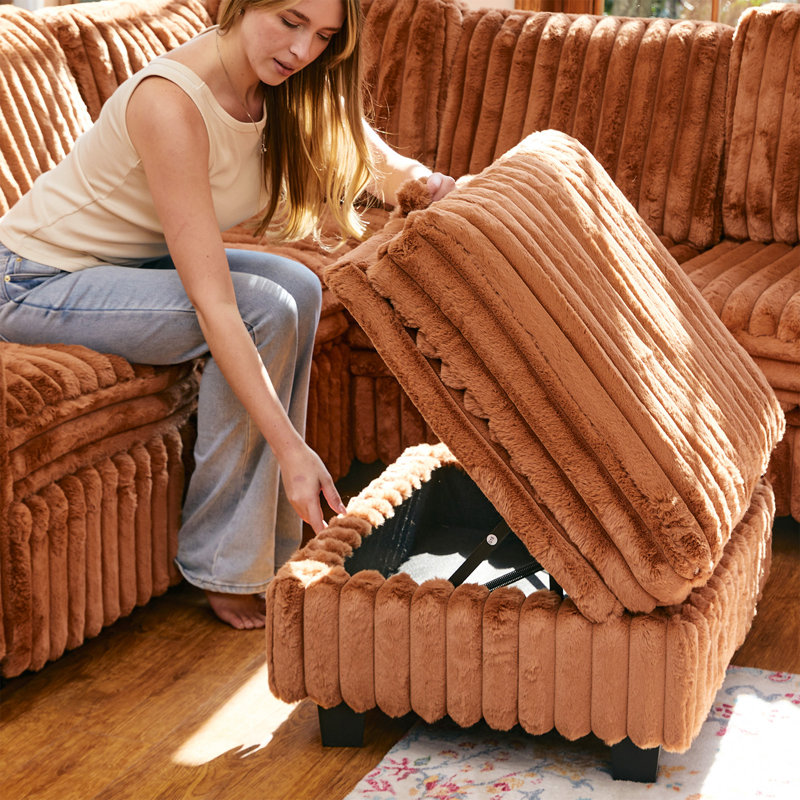 Isolde Soft Imitation Wool Plush Storage Ottoman Part E Module For Modular Sofa, Brown