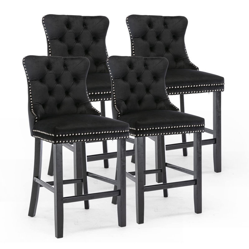 Tabouret de bar rembourré en velours avec dossier capitonné, Noir, Noir, 4