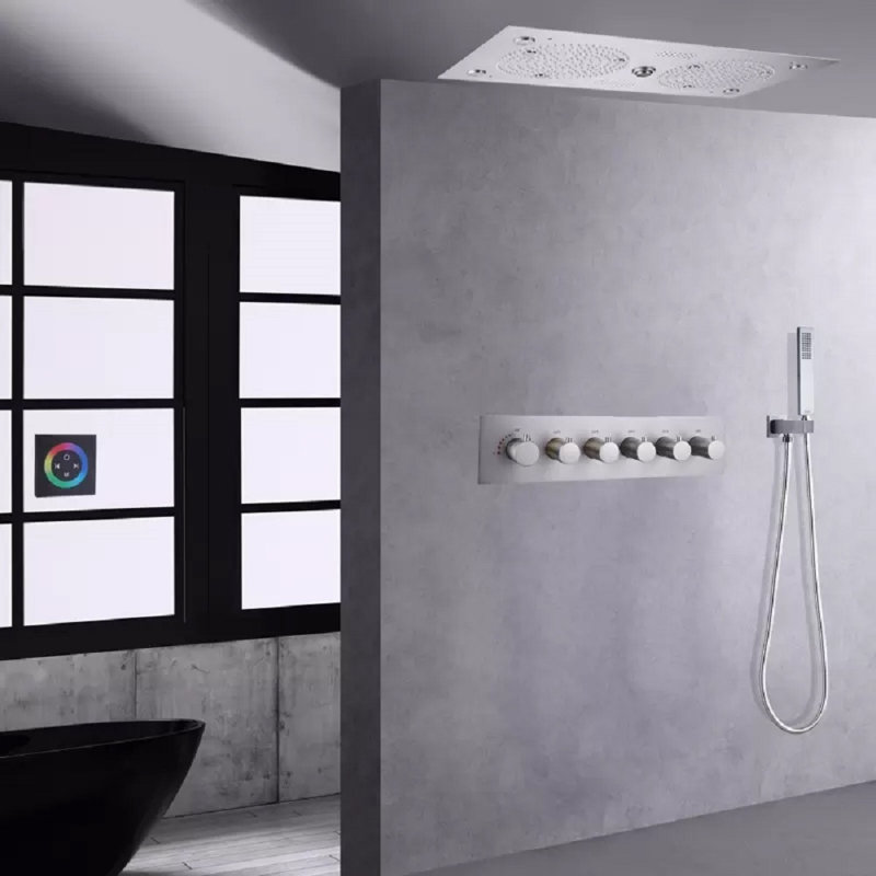 Brushed Nickel Thermostatic Recessed Ceiling Mount Rainfall LED Shower System with Handheld Shower