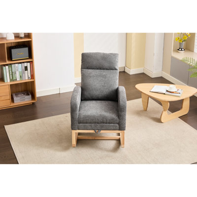 Chaise berçante confortable avec pieds en bois massif, tissu respirant et fauteuil de salon ergonomique relaxant à haute densité en éponge, base et revêtement
