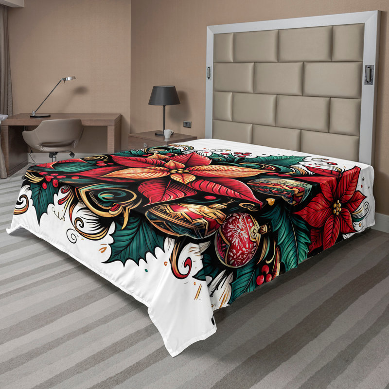 Ambesonne Christmas Top Flat Sheet Poinsettia Xmas Flowers Hot Pink Forest Green and Tan, Queen Flat Sheet
