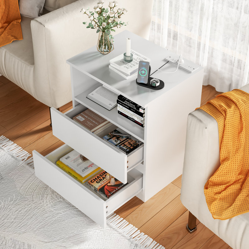 Table de bout moderne avec station de charge USB-C et 2 tiroirs