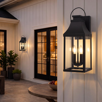 2-light Outdoor Wall Light With Matte-black Lantern & Clear Glass
