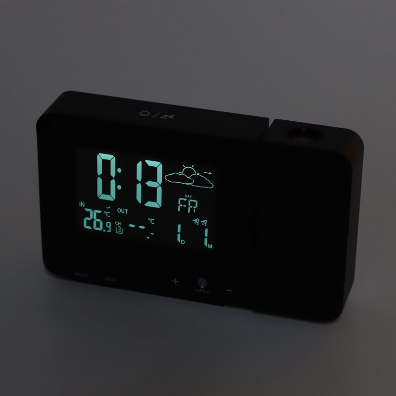 Réveil à projection, rétroéclairage couleur 8, affichage de la température et de la météo, fonction snooze, prise USB 100-240 V.