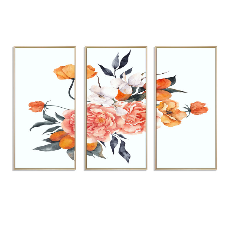 Bouquet avec citron, citron et tangerine I - 3 pièces, reproduction sur toile, H 28 po x l 36 po x P 1 po, Cadre brun