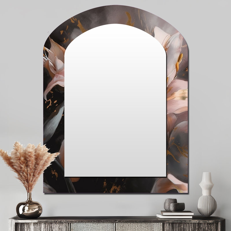 Pink Lily Dreams - grand miroir en forme d'arche, miroir mural décoratif asymétrique moderne, impression d'art en métal