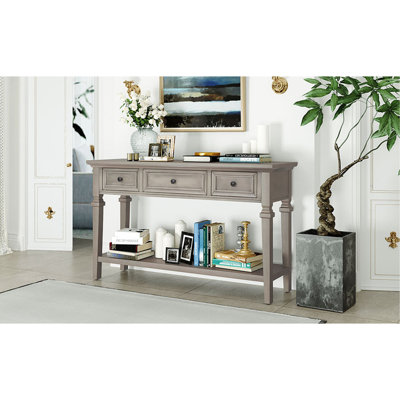 Console de style rétro classique avec trois tiroirs supérieurs et tablette inférieure de style ouvert, facile à assembler (gris délavé)