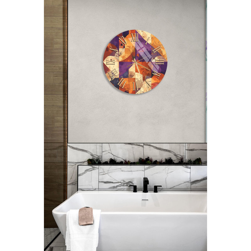Horloge murale en verre trempé, horloge d'art abstrait, horloge ronde, décoration moderne, horloge murale mauve et orange