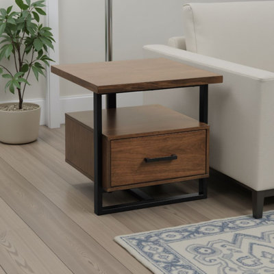 Table de bout, tiroir et tablette ouverte Voz, brun noyer, noir 22 po Voz