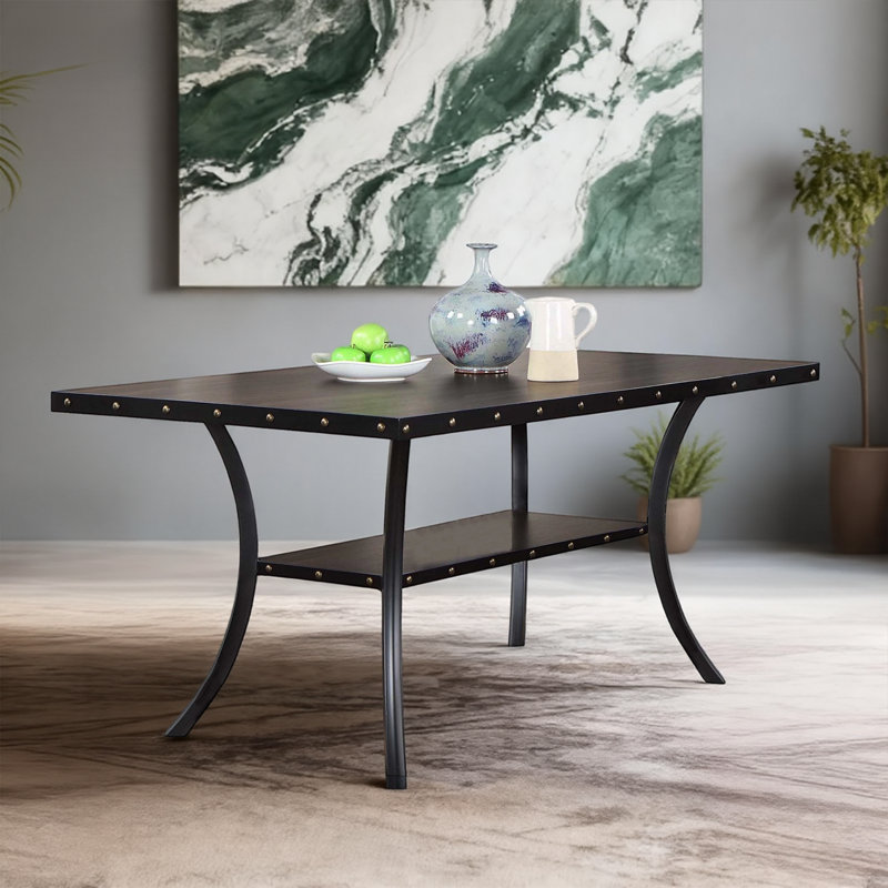 Elegant Dining Table With Nail Head Trim, Curved Legs And Under-table Shelf, 66 Inch