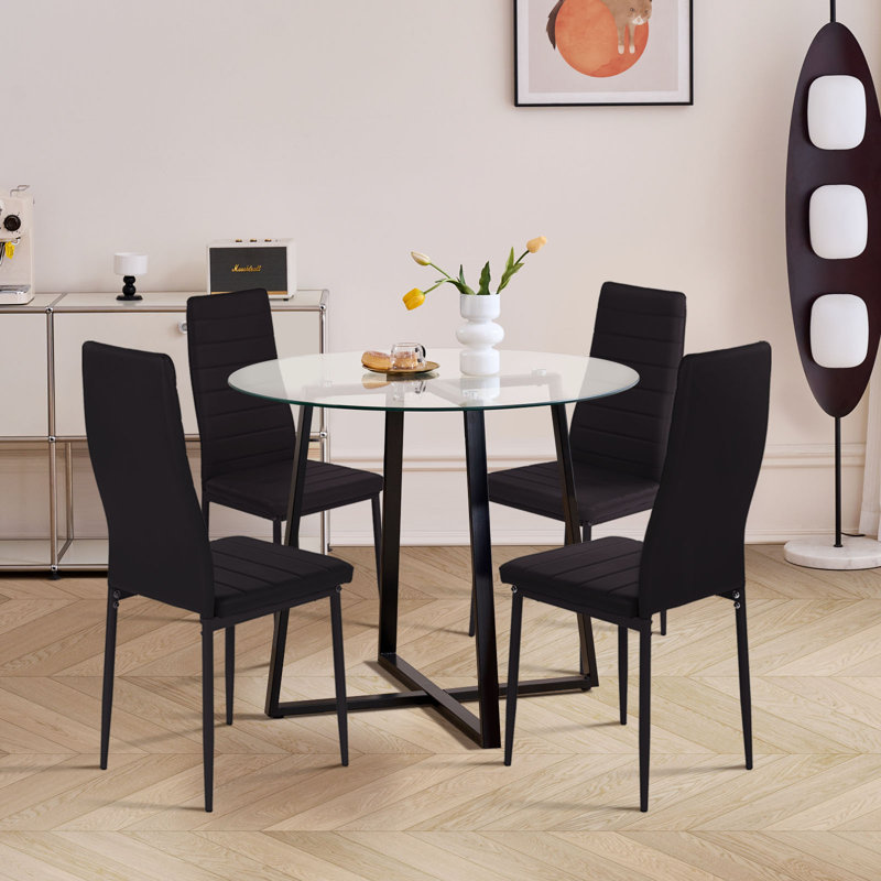 Ensemble de table de salle à manger 5 pièces pour 4 personnes, table de salle à manger ronde en verre et 4 chaises sans accoudoirs en similicuir, table de cuisine moderne et chaises pour salle à manger, appartement, petit espace