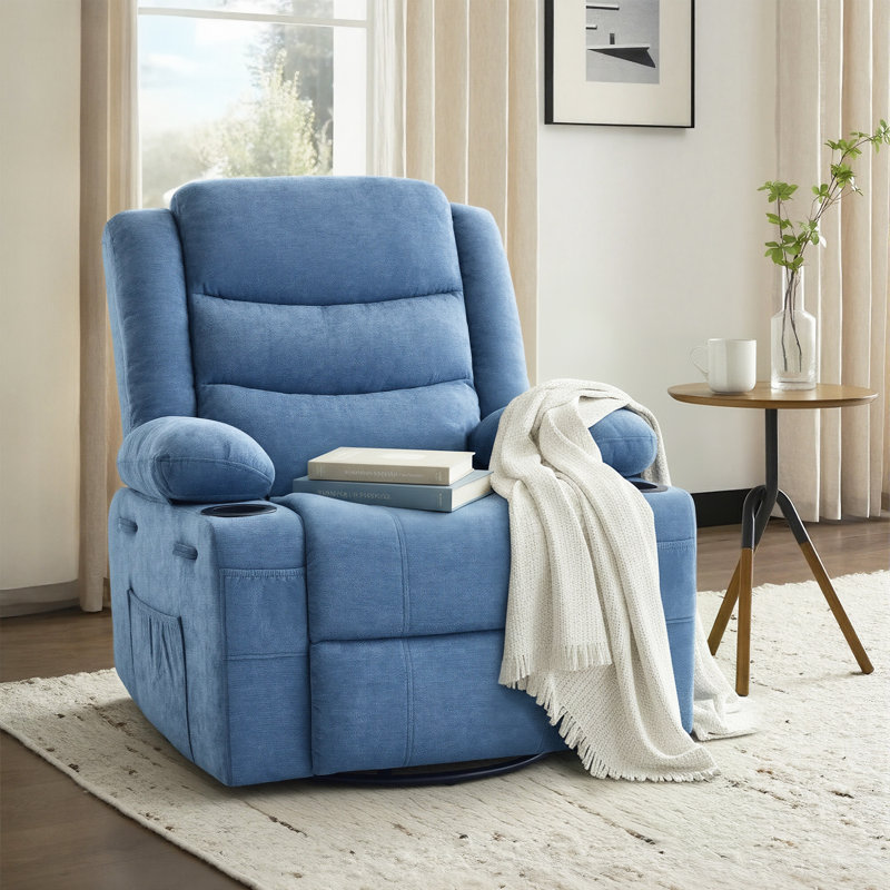 Extendable Armrest Swivel Glider Chair, 360° Rotation Rocking Chair With Cup Holders & Side Pockets, Blue Chenille