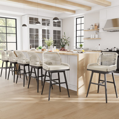 Bar Stools Set Of 6, Rattan Counter Height Bar Stools, 26" H Swivel Patio Barstools With Boho Woven Rope Back For Kitchen Patio Garden Cushions Included