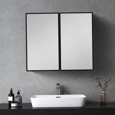Armoire à pharmacie 26 po x 30 po à fixation murale ou encastrée en métal noir avec miroir