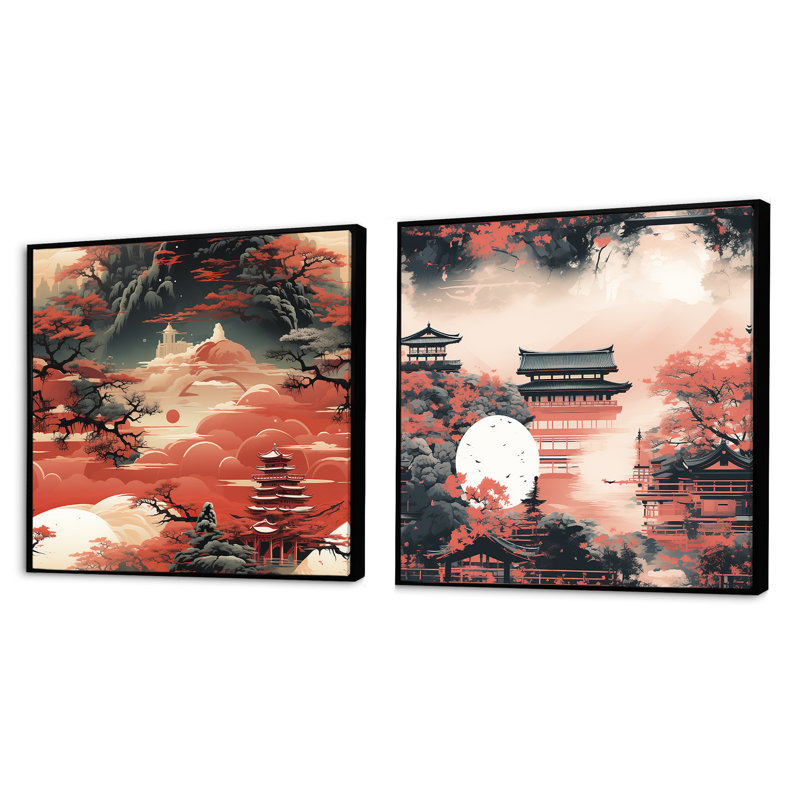 Light Red Torii Gate Japanese Pattern - Abstract Landscapes Square Collage Set Of 2, Black Floater Framed, 16" H x 33" W